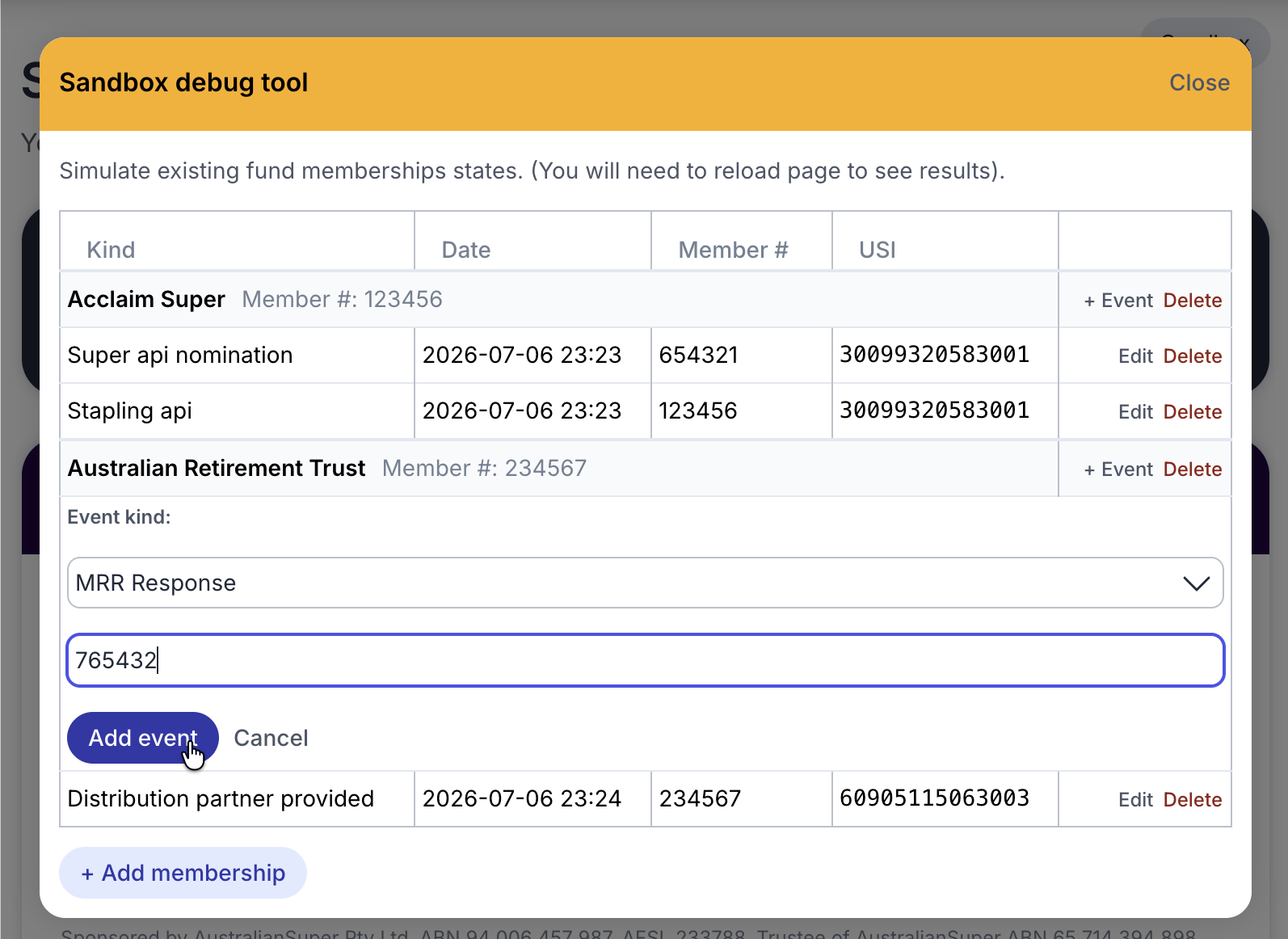The inline add-event form open on a membership row