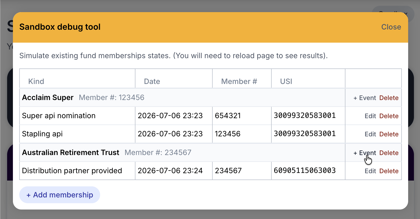 The sandbox debug tool dialog listing a membership and its events