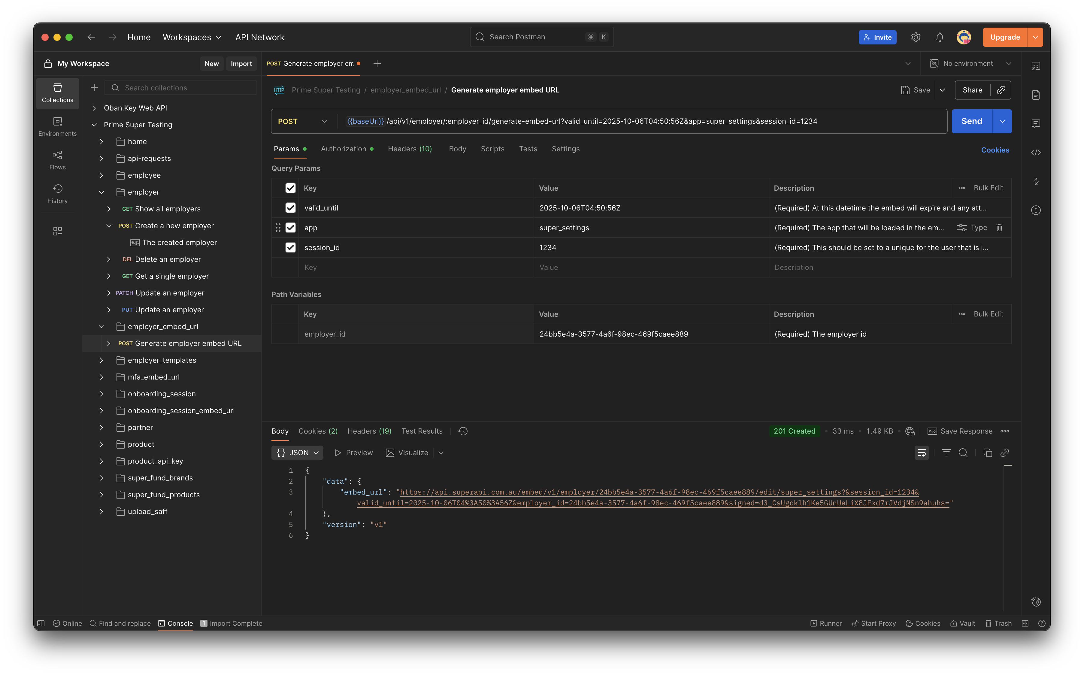 Employer embed generate URL